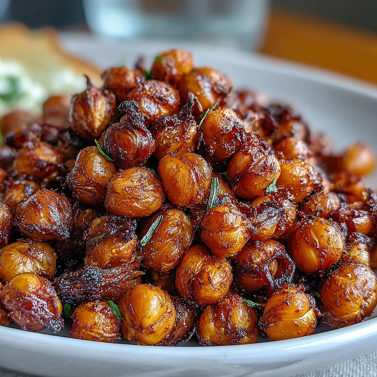 Warm, oven-roasted Crispy Chickpea Snack tossed in spices, served in a small bowl with a sprinkle of herbs.