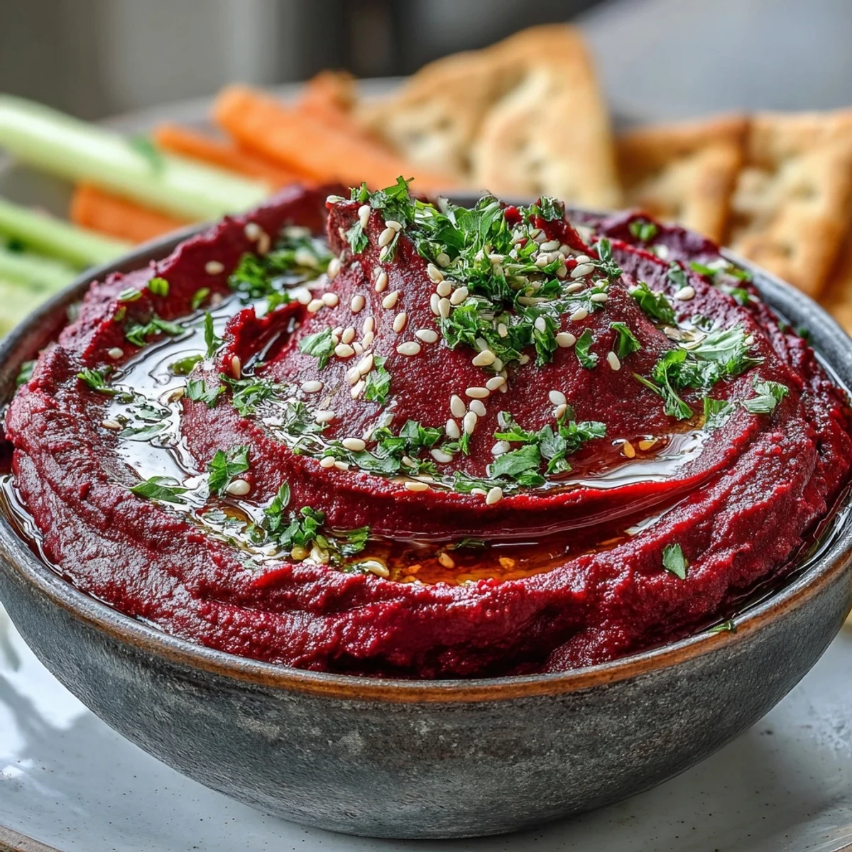 A vibrant bowl of Roasted Beet Hummus, topped with olive oil drizzle and sesame seeds, next to fresh veggies for dipping.
