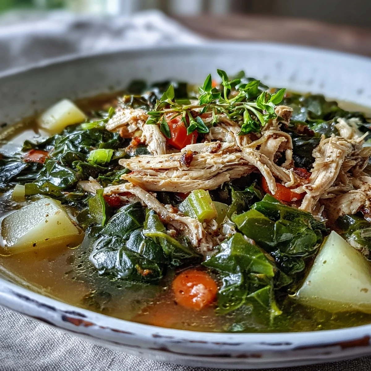 Close-up of Collard Greens, Chicken and Vegetable Soup showing shredded chicken, diced potatoes, and vibrant collards in a flavorful broth.