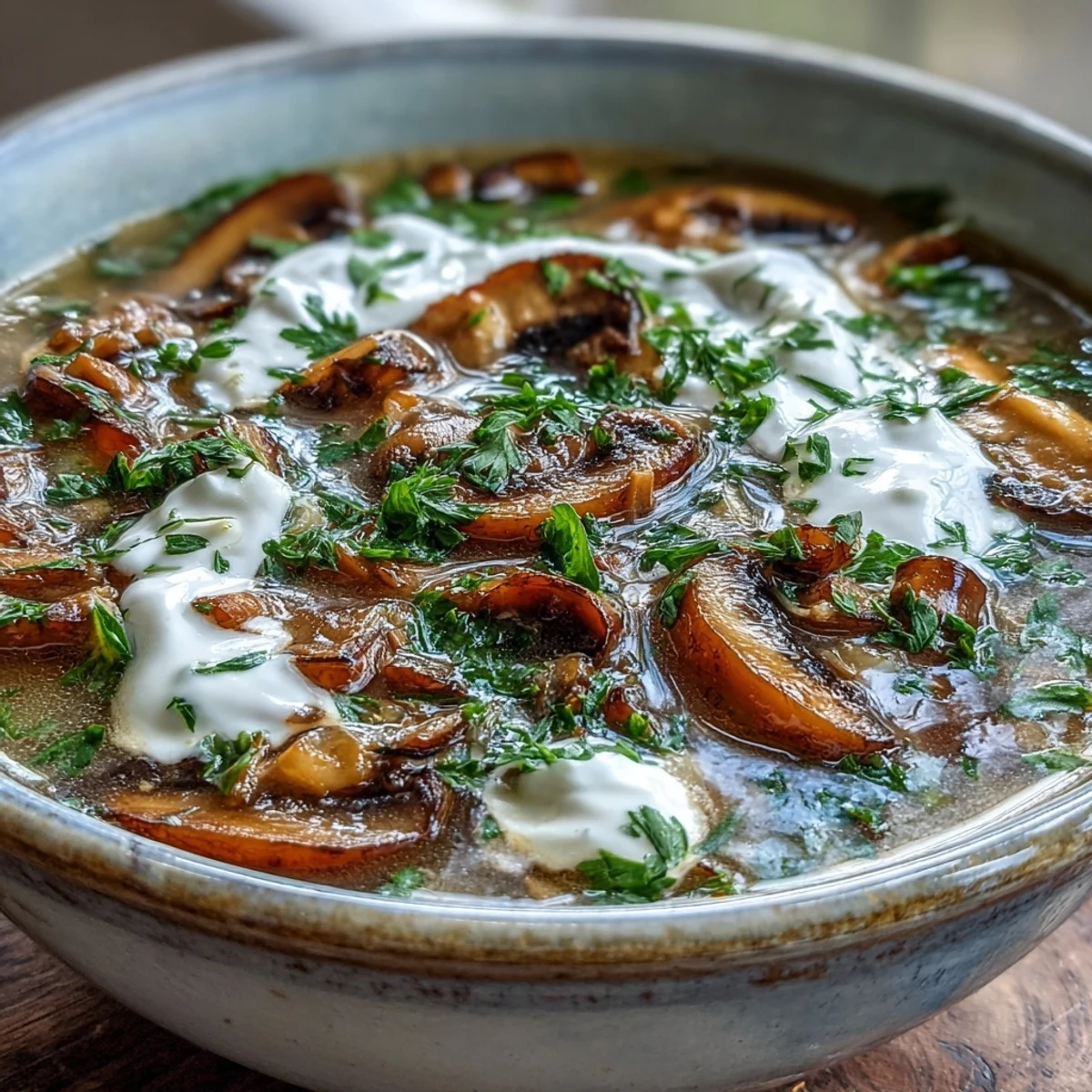 Creamy Mushroom Stroganoff Soup served hot in a rustic bowl, garnished with fresh parsley and a dollop of sour cream.