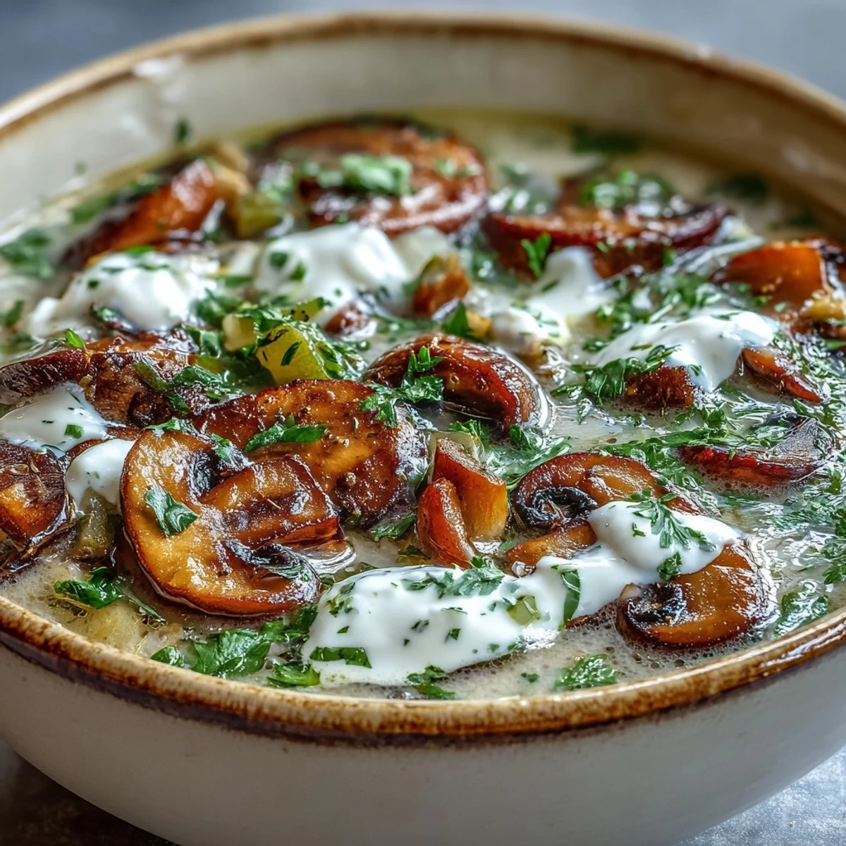 Steam rising from a bowl of Creamy Mushroom Stroganoff Soup, featuring golden sautéed mushrooms and a rich, velvety broth.