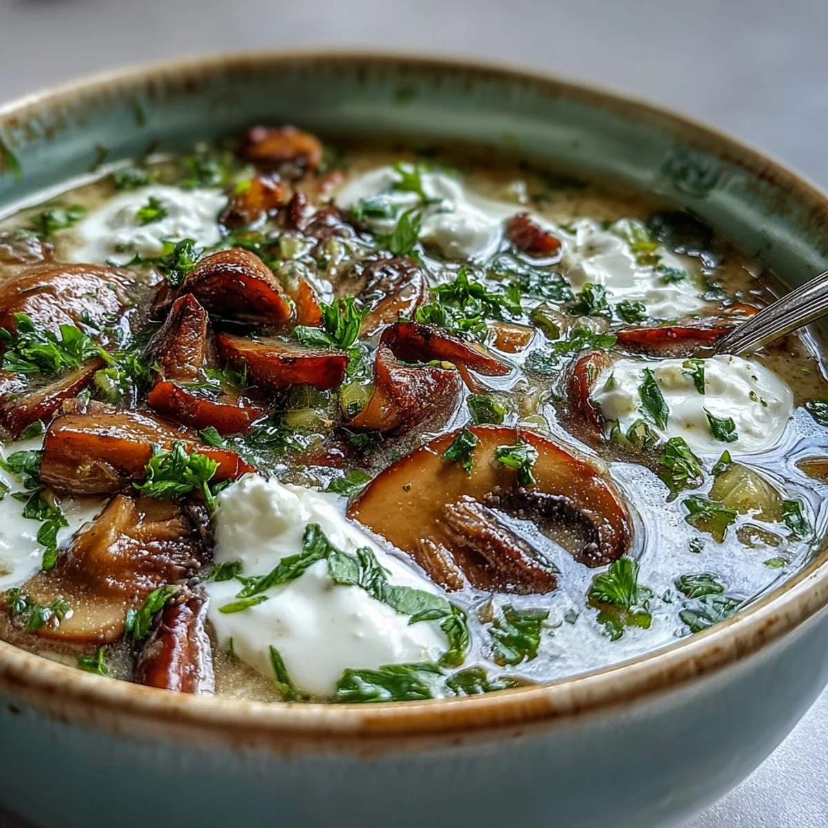 A rustic wooden table holds Creamy Mushroom Stroganoff Soup next to crusty bread for dipping and fresh parsley garnish.