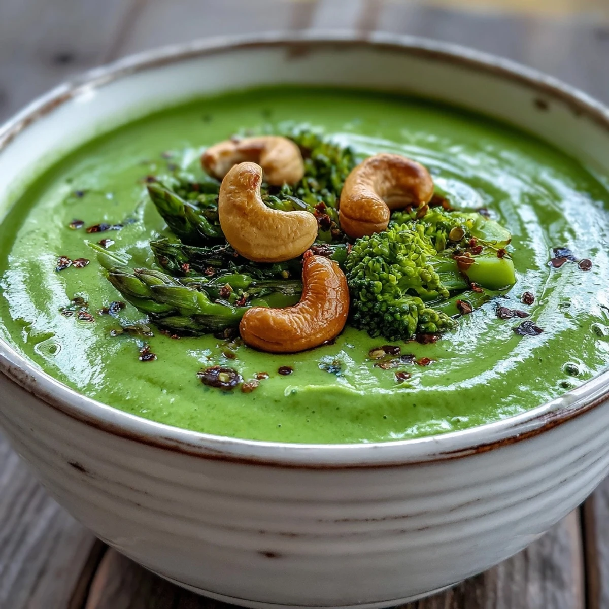 A bowl of creamy Big Green Immunity-Boosting Vegetable Soup, garnished with lemon slices and ready to serve.