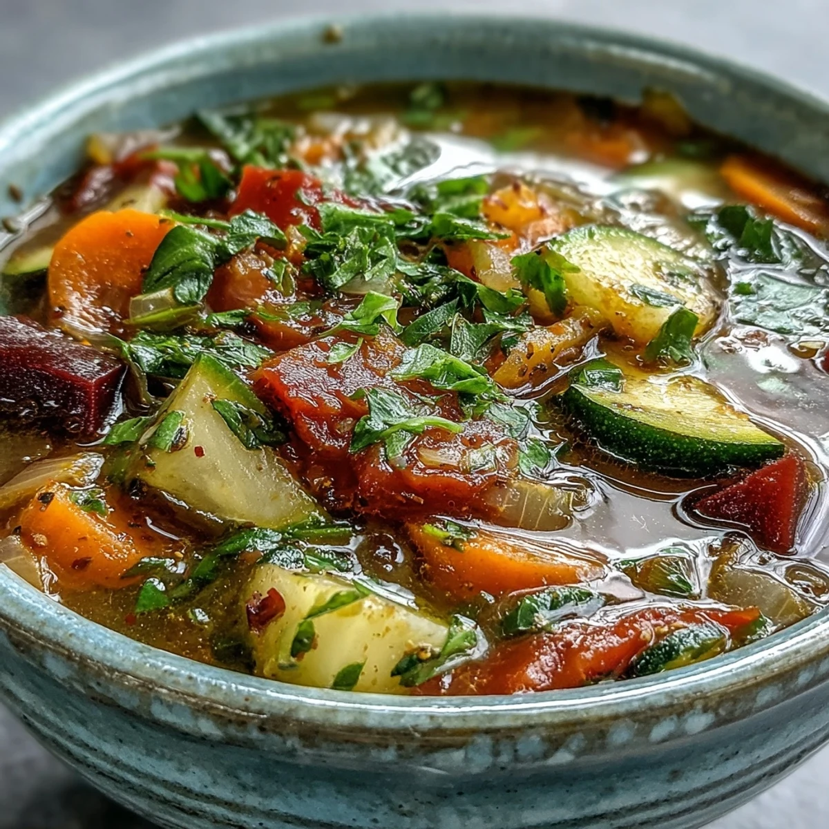 Nutritious vegan Rainbow Vegetable Detox Soup simmering in a pot, showcasing red tomatoes, green bell peppers, and spices.