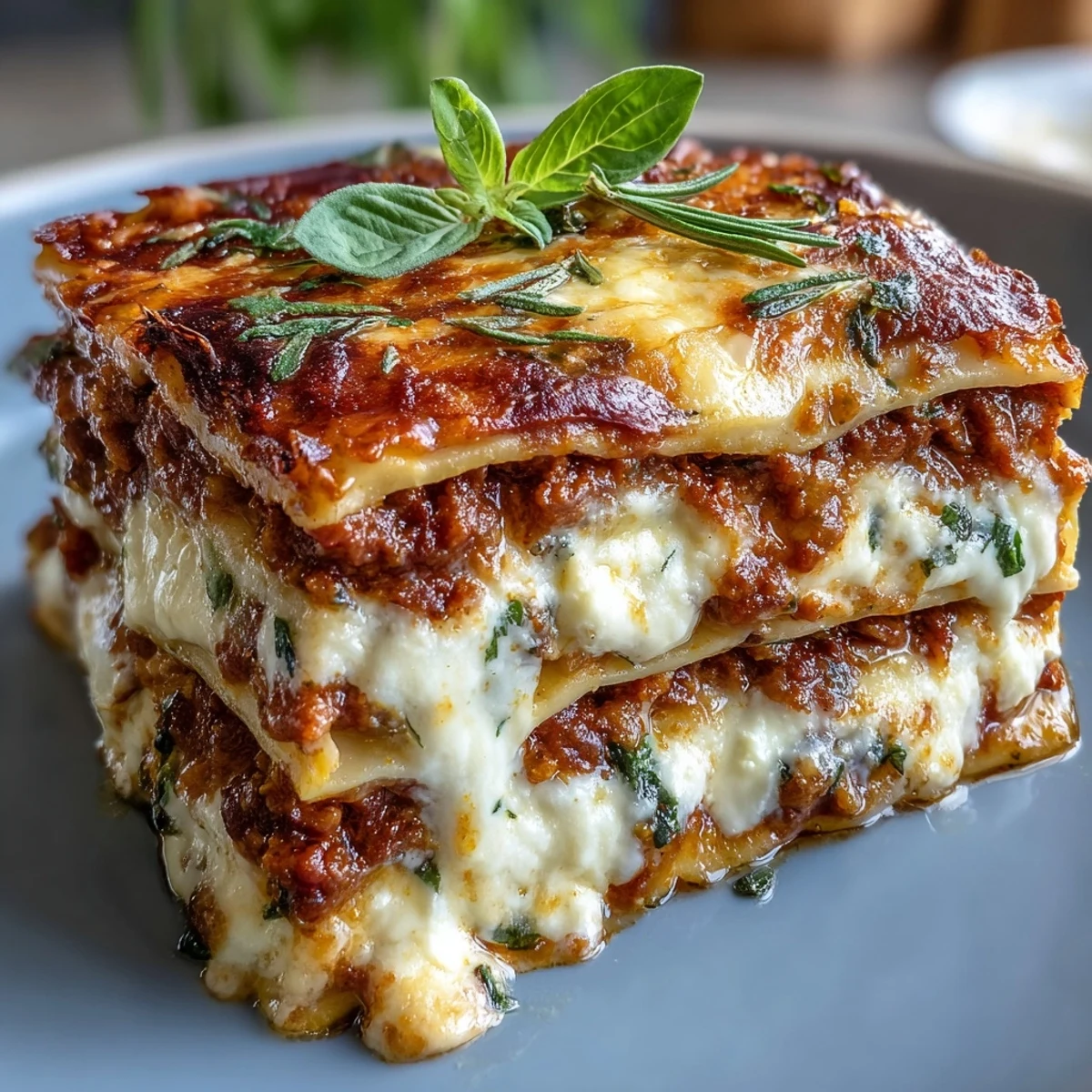 One-Pan Smoky Veggie Lentil Lasagne served from a deep skillet, garnished with fresh basil and a sprinkle of grated Parmesan, with steam rising from the golden, cheesy layers.