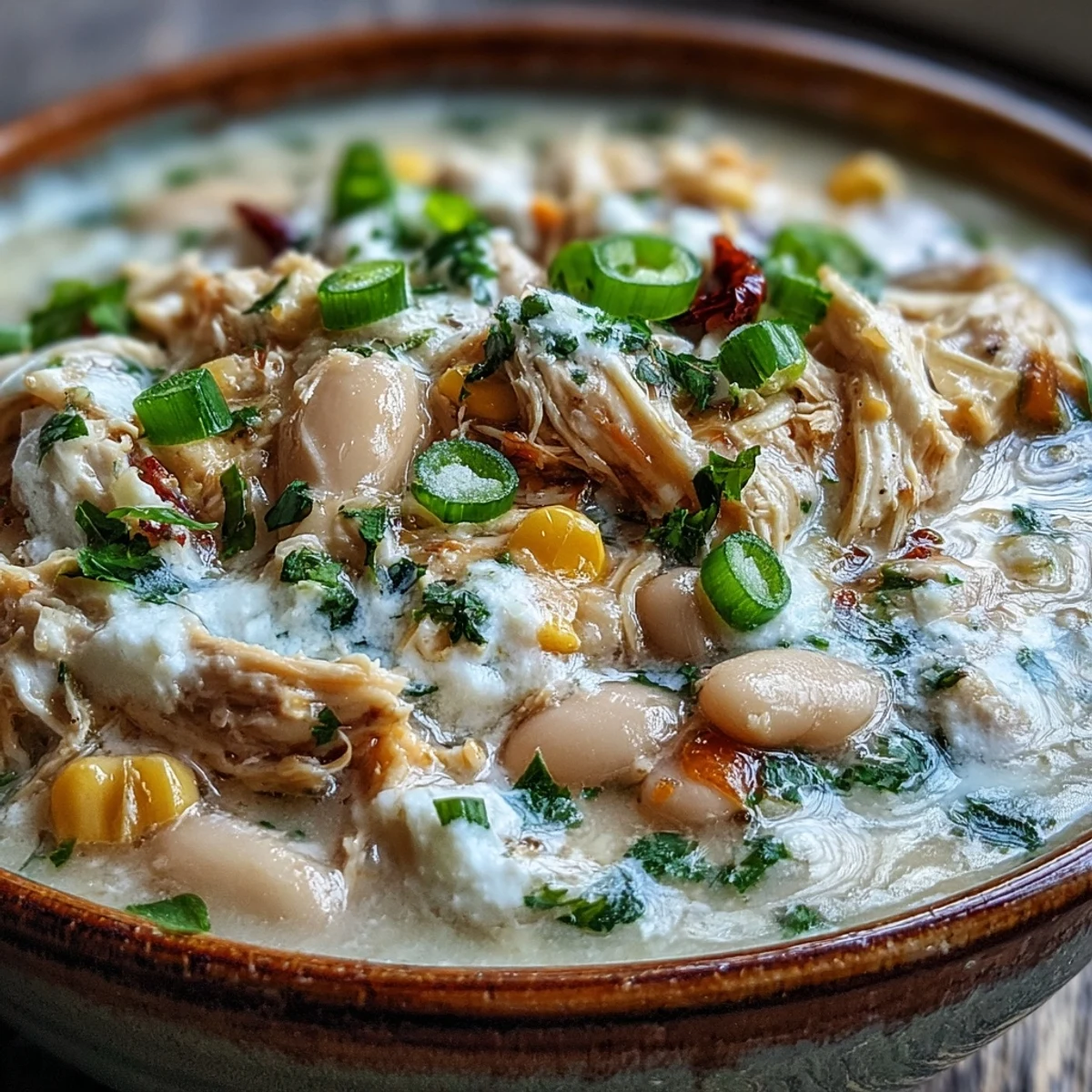 A ladle of White Chicken Chili served with lime wedges, cilantro, and shredded Monterey Jack.