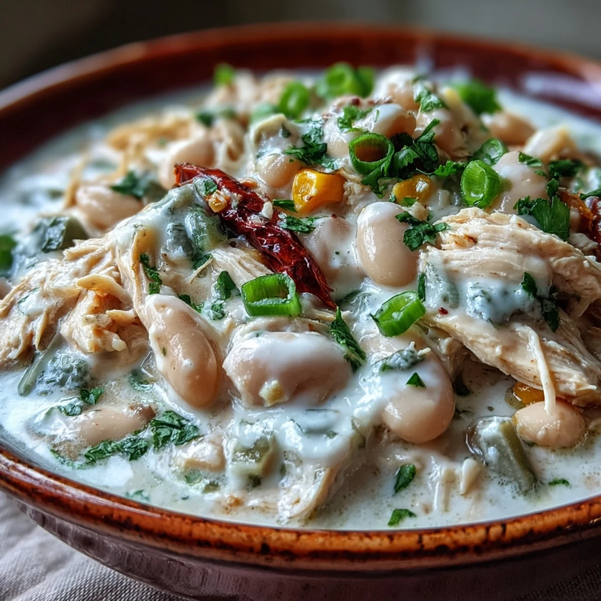 Creamy White Chicken Chili with shredded chicken, corn, and white beans in a cozy bowl.