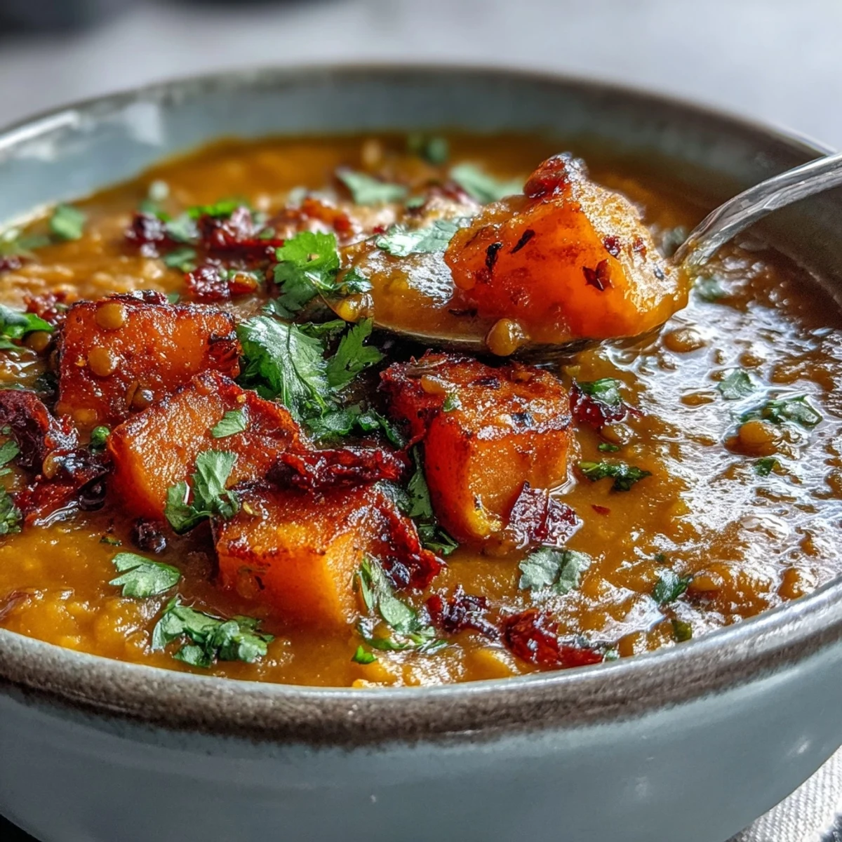 Golden roasted butternut squash and red lentils blend into a hearty, aromatic soup, served with a lemon wedge for bright flavor.