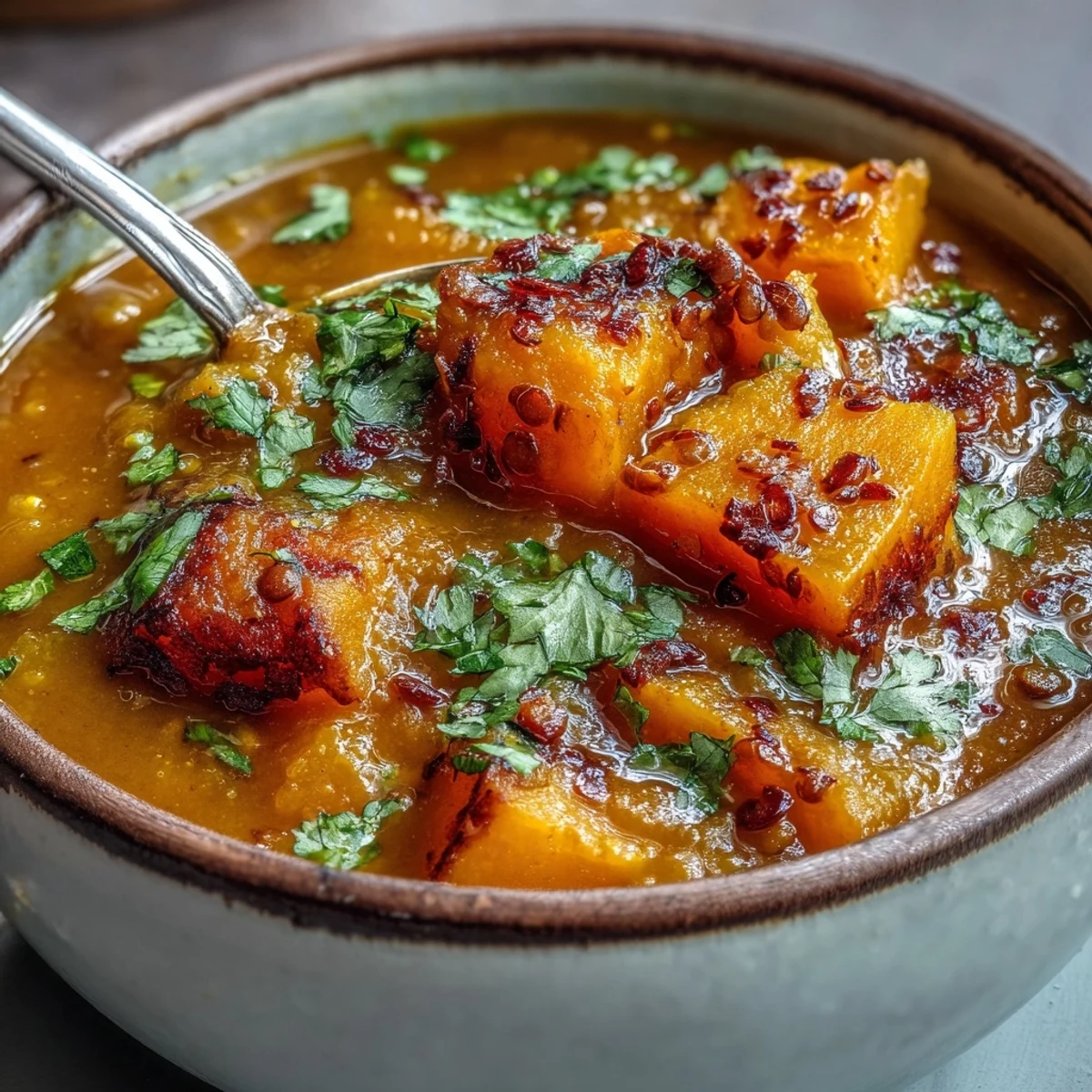 Warm, spiced butternut squash and lentil soup ladled from a pot, topped with parsley and ready to serve with crusty bread.