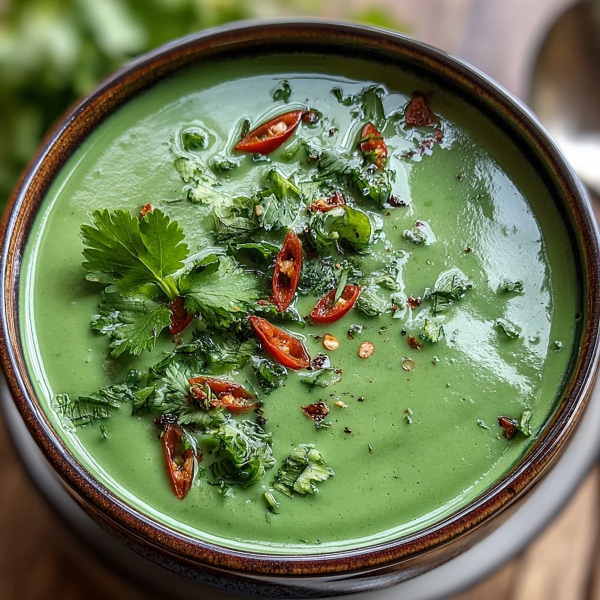 The creamy green soup is served hot in a rustic ceramic bowl, highlighting its vibrant, healthy ingredients.  