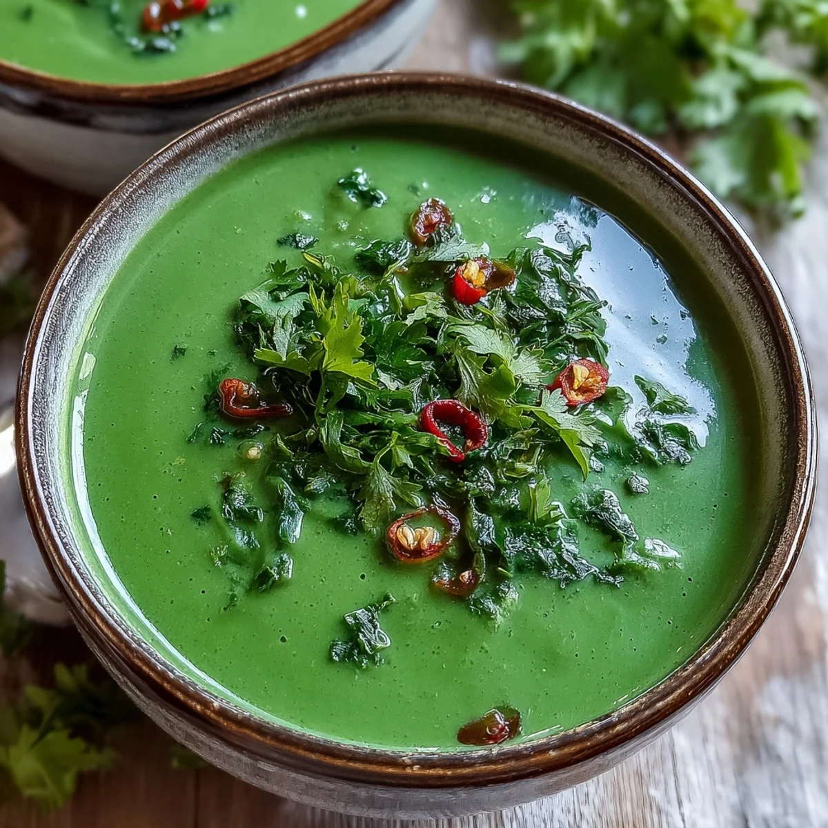 An overhead view of Spinach Coriander Lemongrass Soup with a spoon resting beside the garnished bowl.