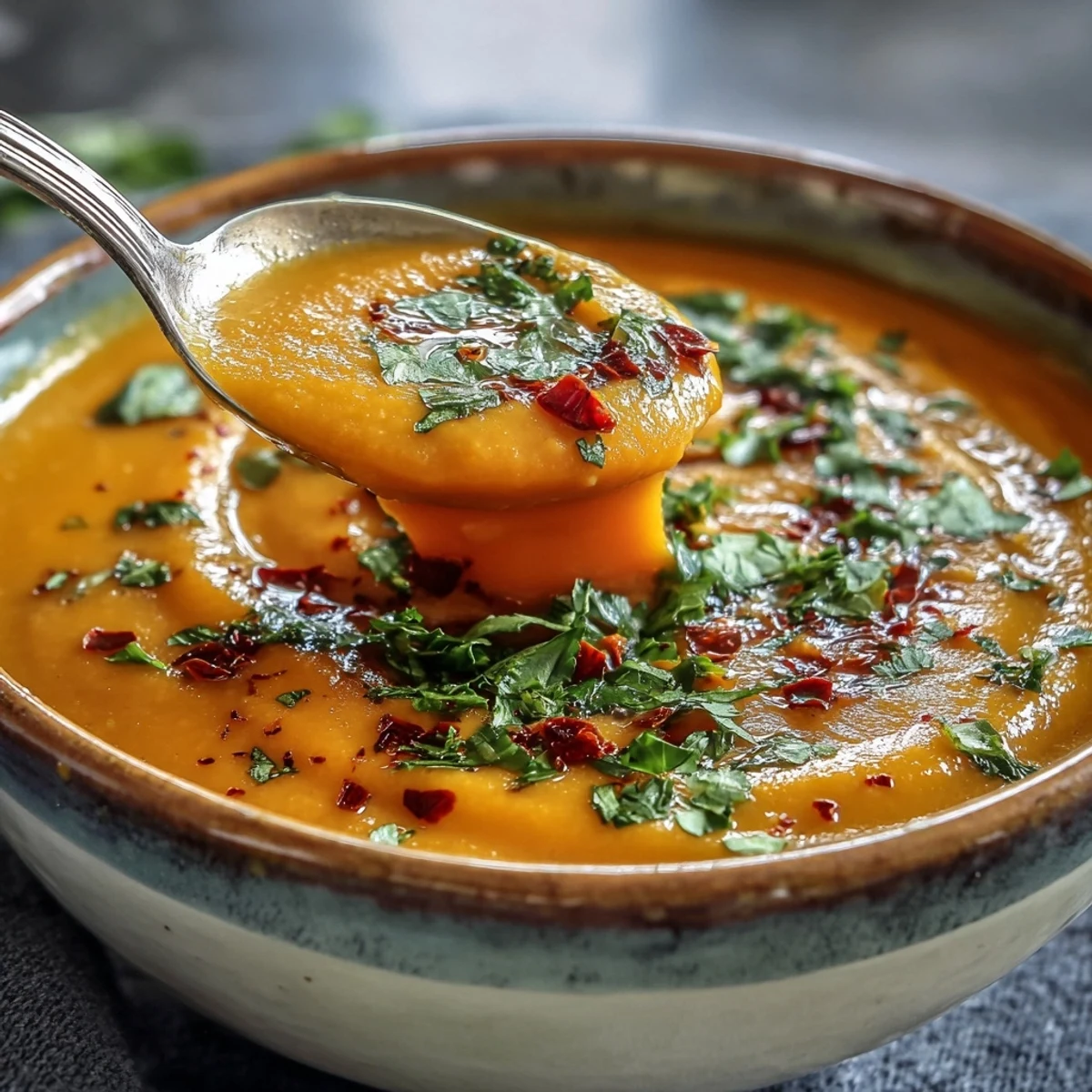 A warm bowl of Carrot, Celeriac and Chilli Soup garnished with fresh herbs and a swirl of creamy coconut yogurt.