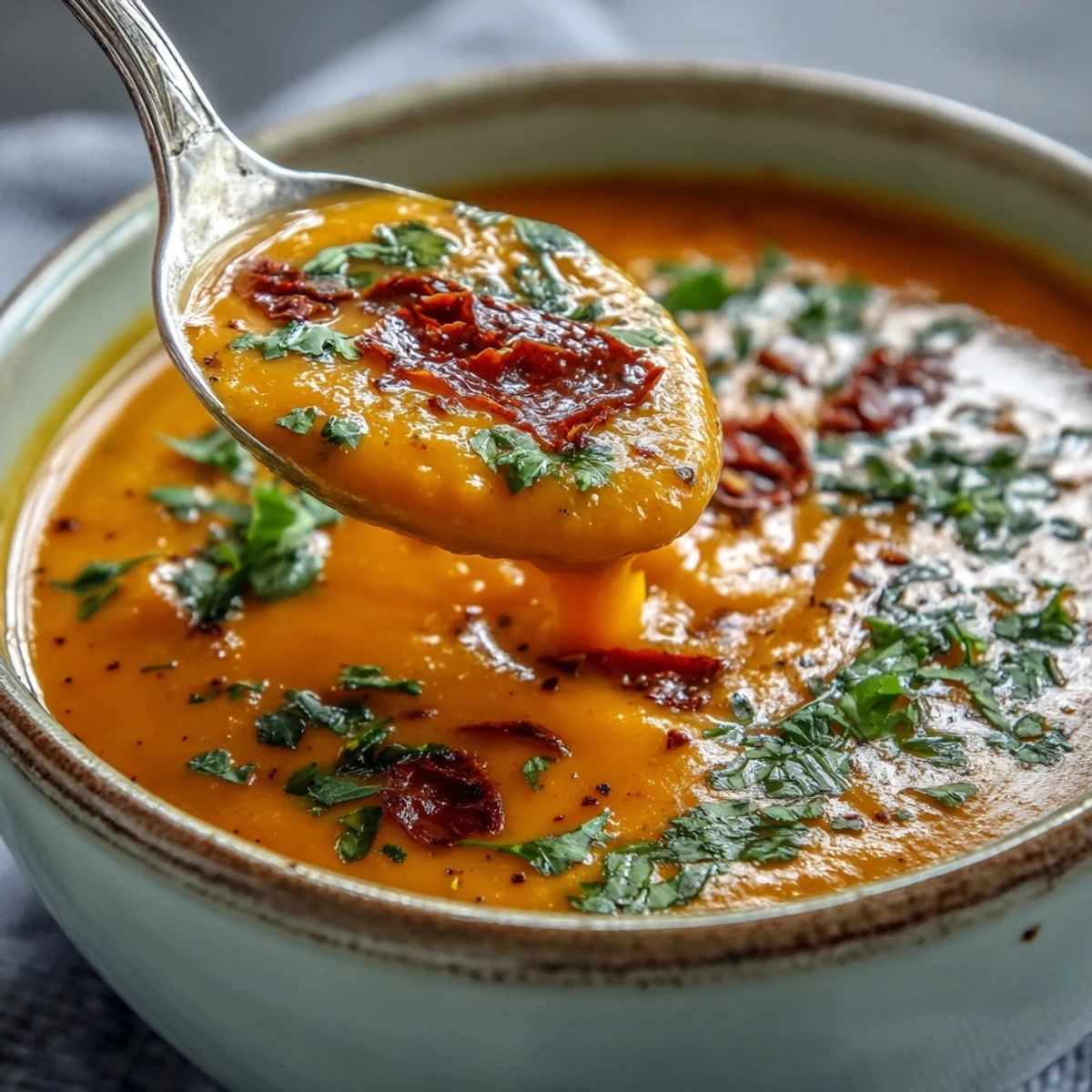 A vibrant, steaming bowl of Carrot, Celeriac and Chilli Soup showcasing its smooth, orange texture and diced garnishes.