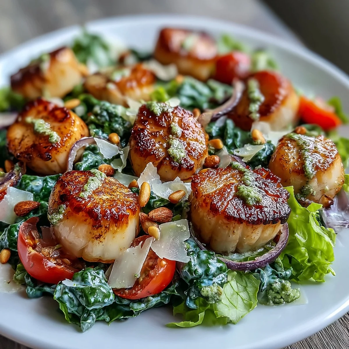Golden seared scallops topped with escarole salad and pesto vinaigrette on a white plate.