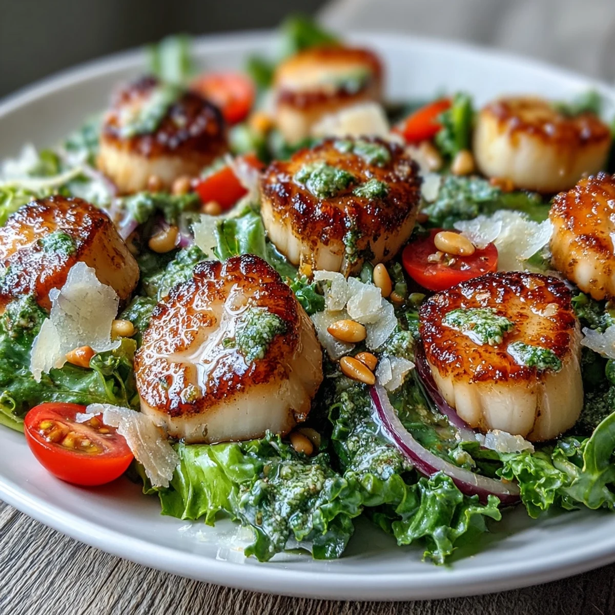 Fresh Seared Scallops With Escarole Salad and Pesto Vinaigrette served with lemon wedge.