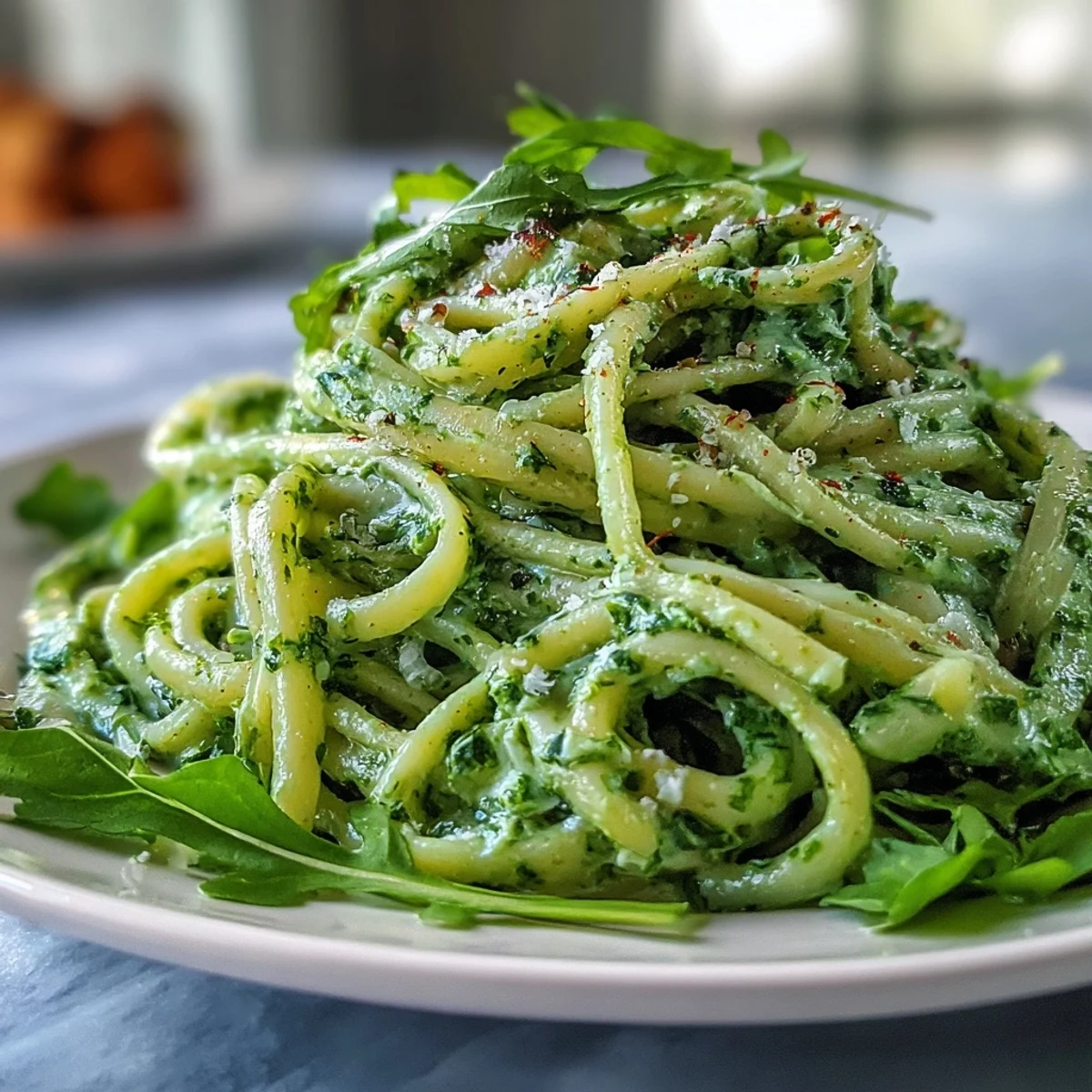 Freshly cooked linguine tossed with a bright green arugula pesto and topped with extra Parmesan.