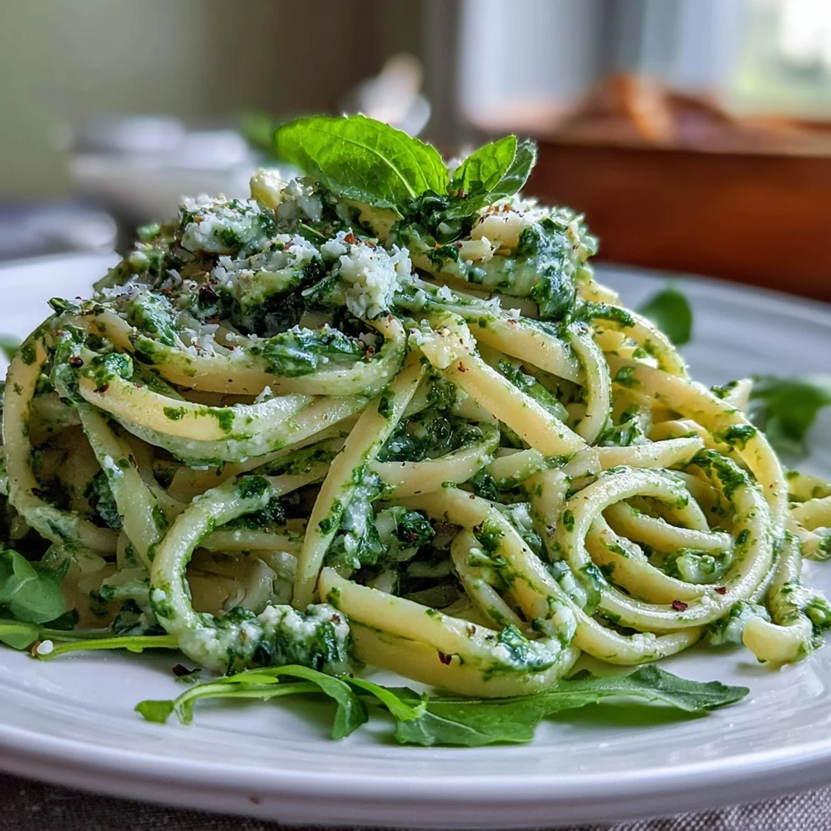 Creamy cottage cheese arugula pesto clinging to al dente linguine, garnished with black pepper and Parmesan.