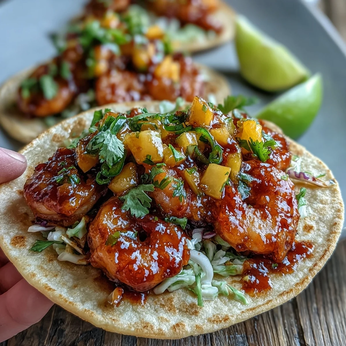 Spicy and sweet Sriracha Shrimp Tacos with Mango Salsa topped with juicy shrimp, chopped cilantro, and lime wedges on a plate.
