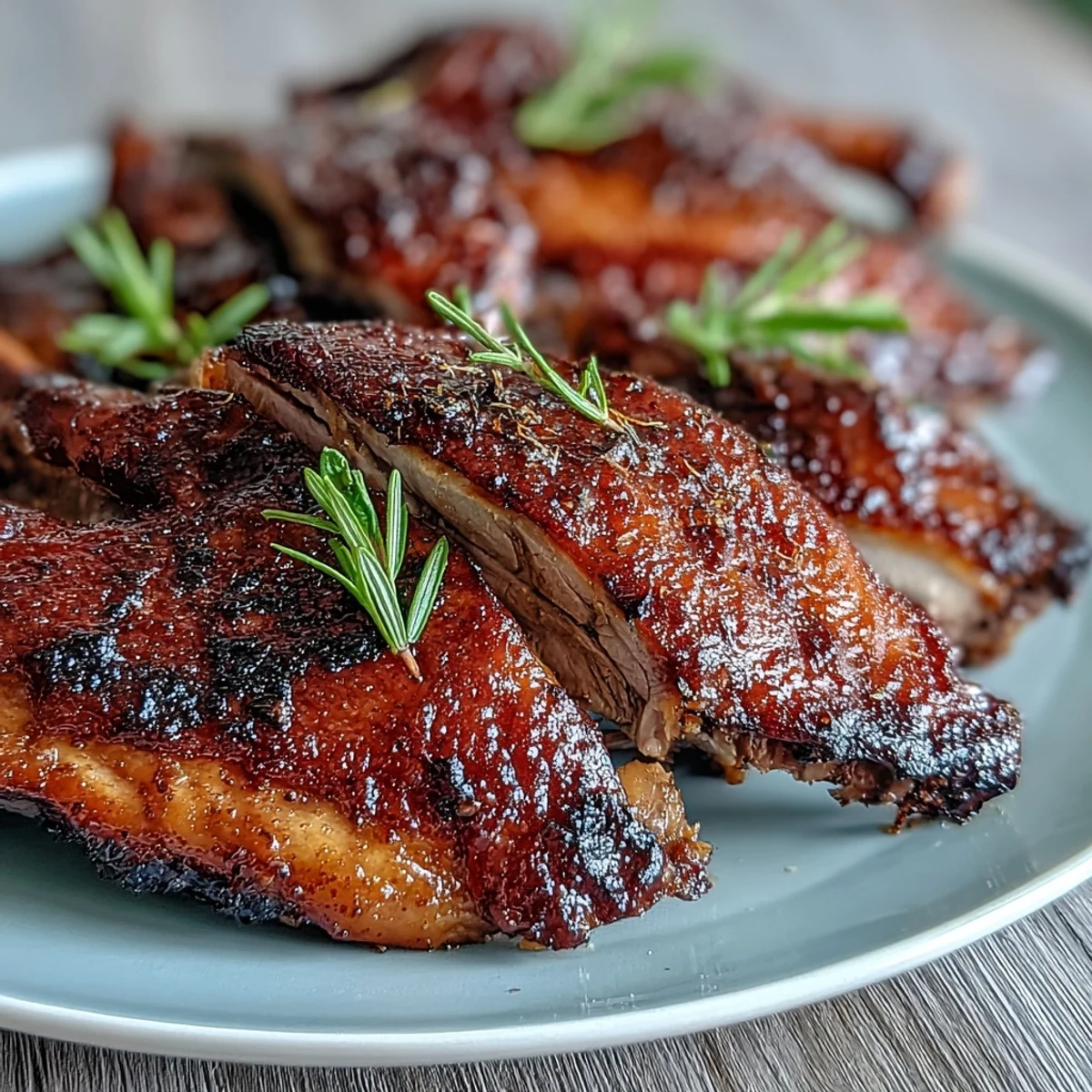 Five-Spice Roast Ducks glazed with honey and aromatics on a rustic wooden table.