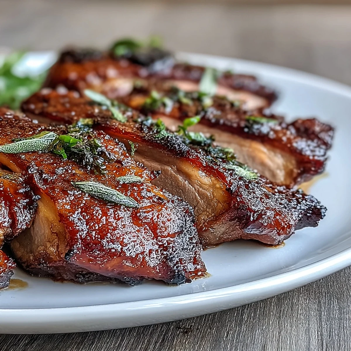 Close up of juicy Five-Spice Roast Ducks carved with a sharp knife on a platter.