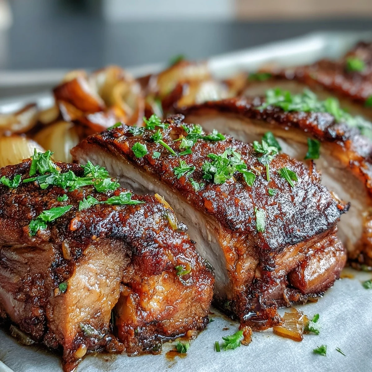 Golden brown, succulent pork slices roast alongside vibrant pink rhubarb and caramelized red onion wedges on a parchment-lined traybake.