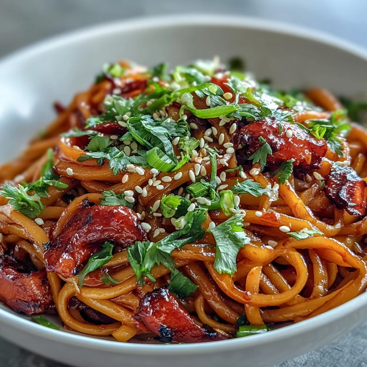 Golden roasted swede ribbons tossed in a spicy gochujang dressing over tender rice noodles, garnished with fresh cilantro.