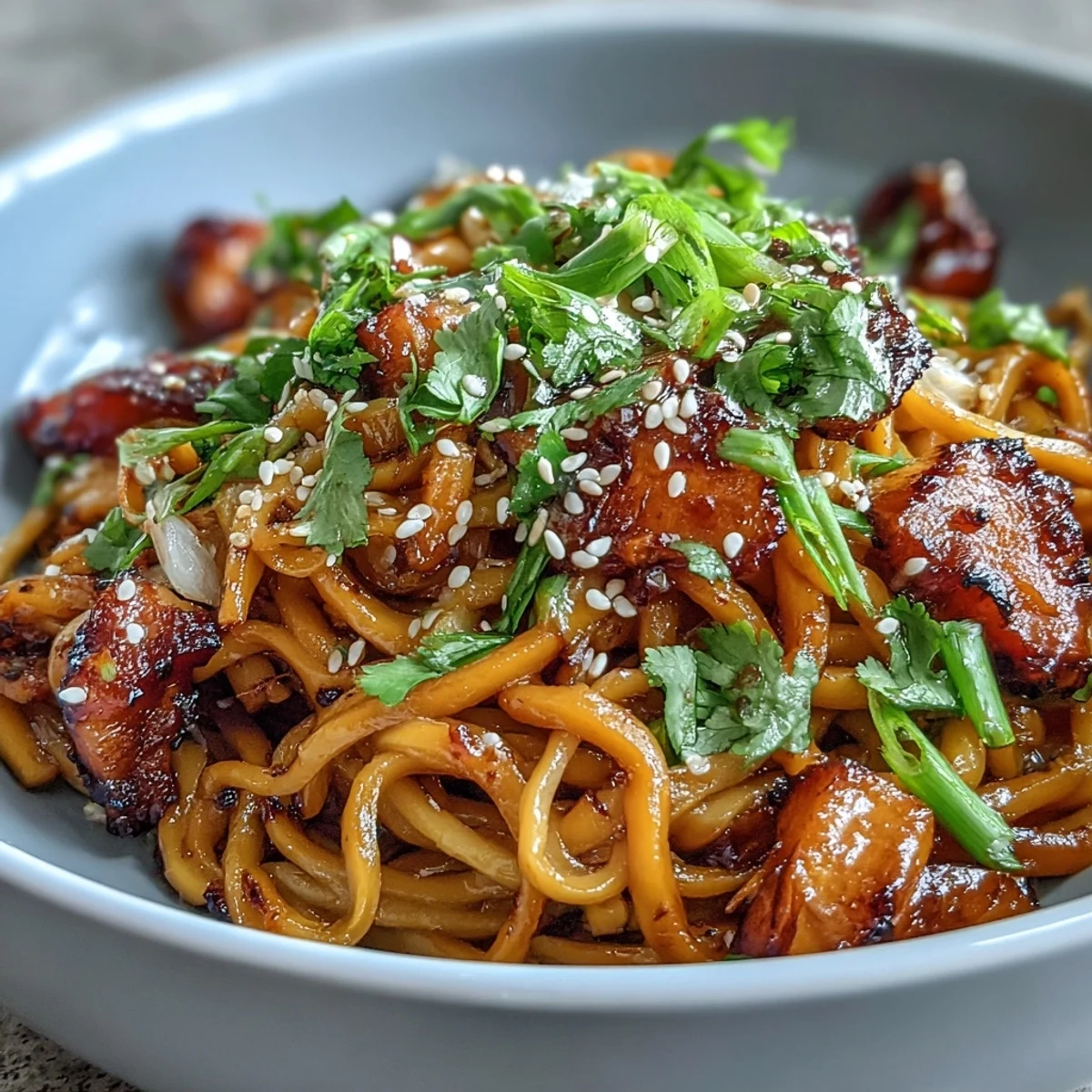 Savory Gochujang Swede Noodles served with julienned carrots and spring onions, highlighting a vibrant, spicy-sweet fusion dish.