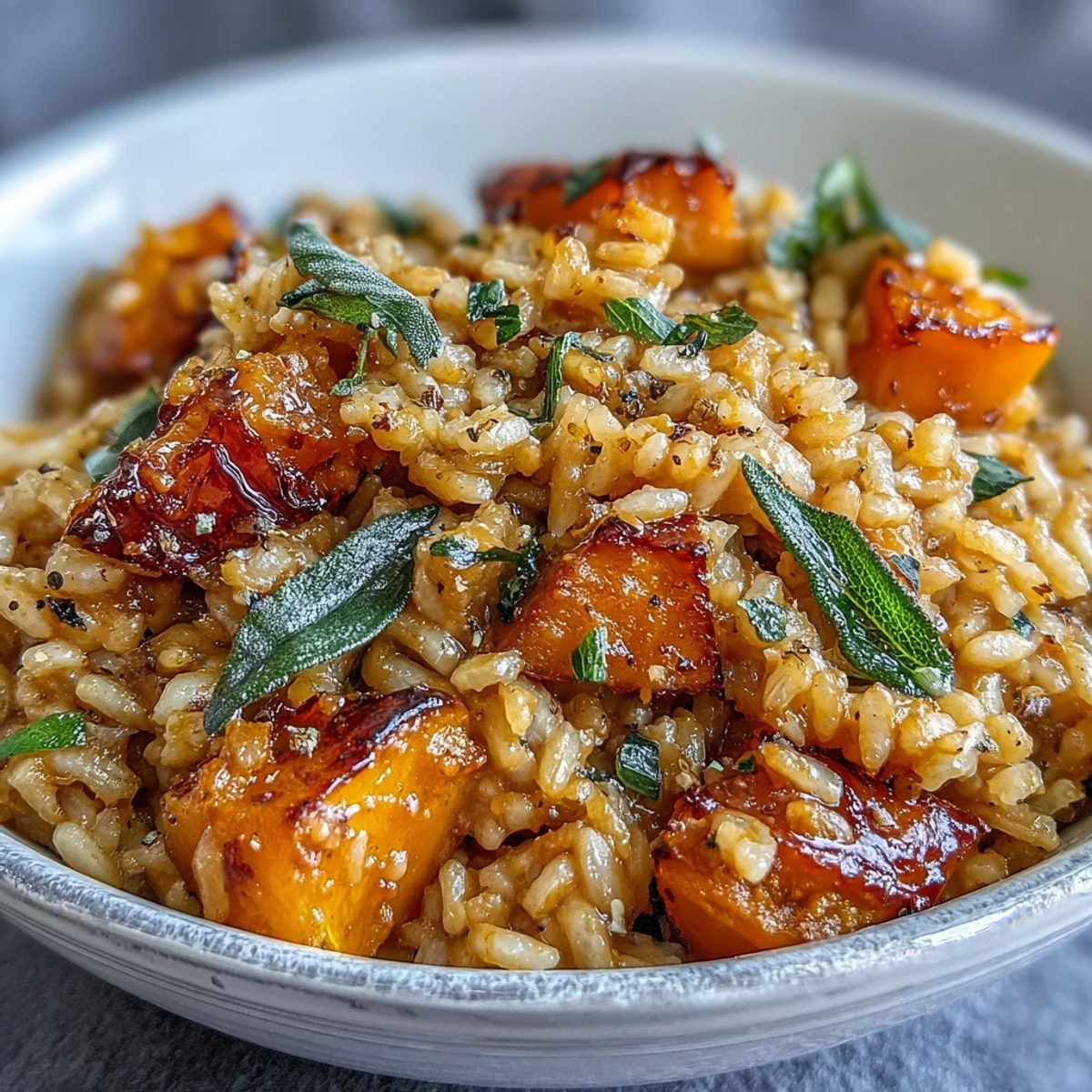 Golden Vegan Pumpkin Risotto with tender pumpkin chunks and aromatic sage garnish on a wooden table, perfect for fall.