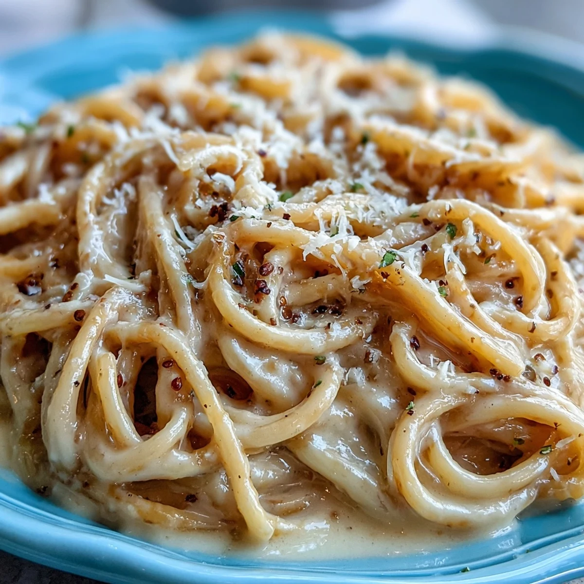 A close-up of Cacio e Pepe shows creamy, emulsified sauce clinging to each strand of spaghetti with a garnish of pepper.