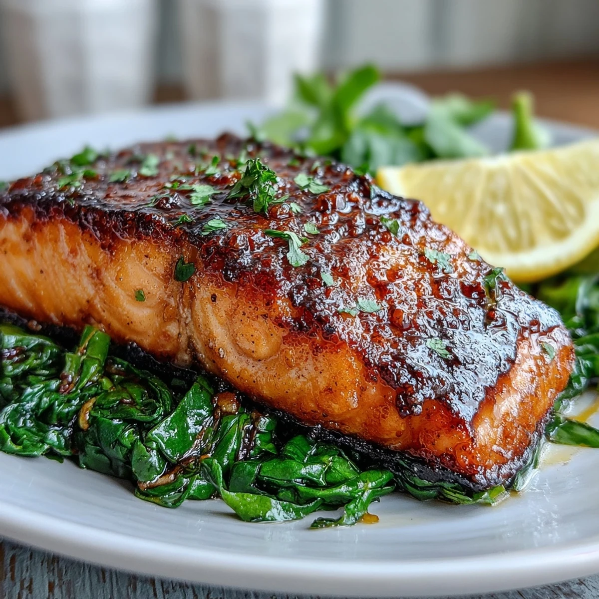 Crispy air fryer salmon fillets topped with flaky, seasoned skin, resting beside tender sautéed Swiss chard and bright lemon wedges on a rustic plate.