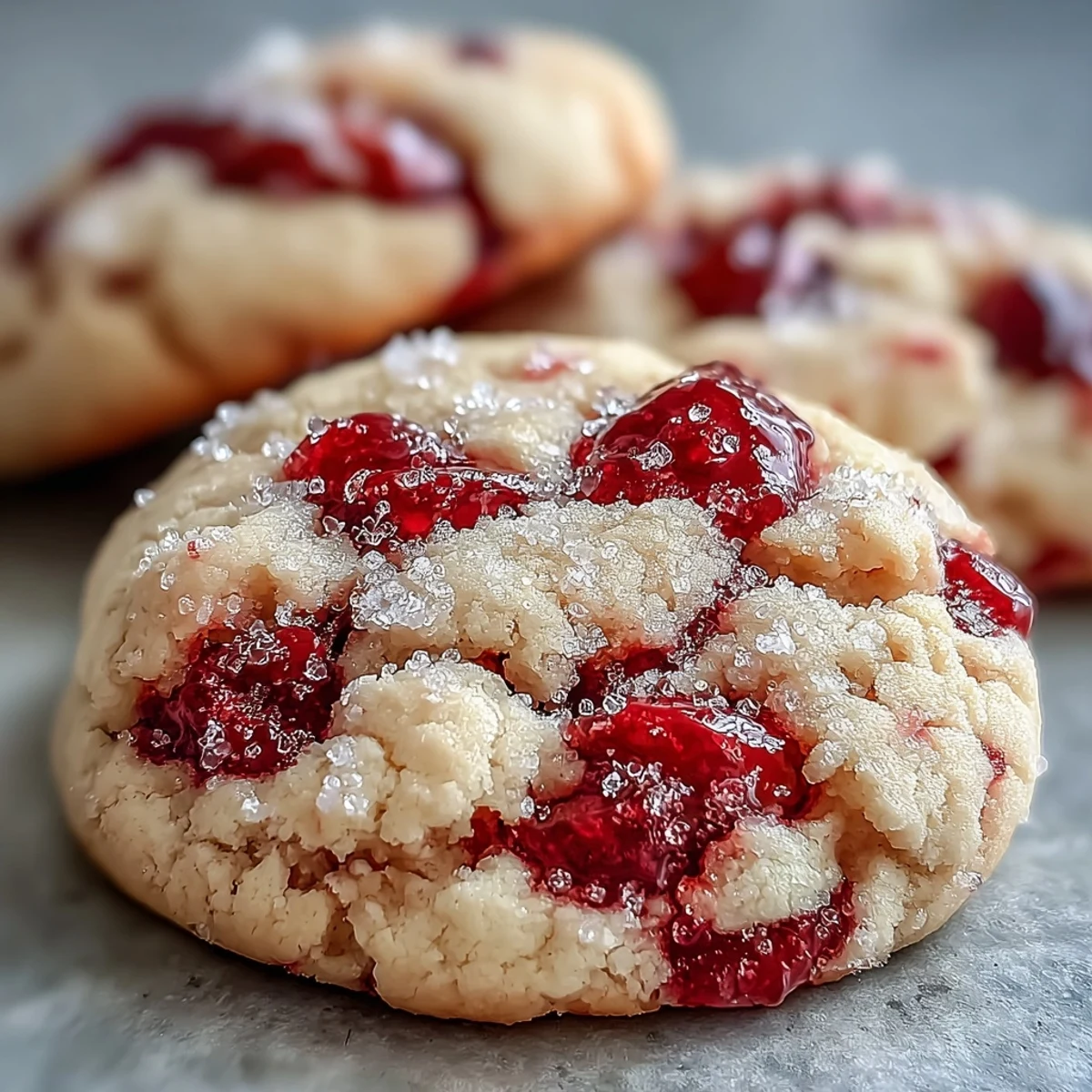 A close-up of Soft Chewy Raspberry Sugar Cookies showing juicy raspberry pieces in golden dough.