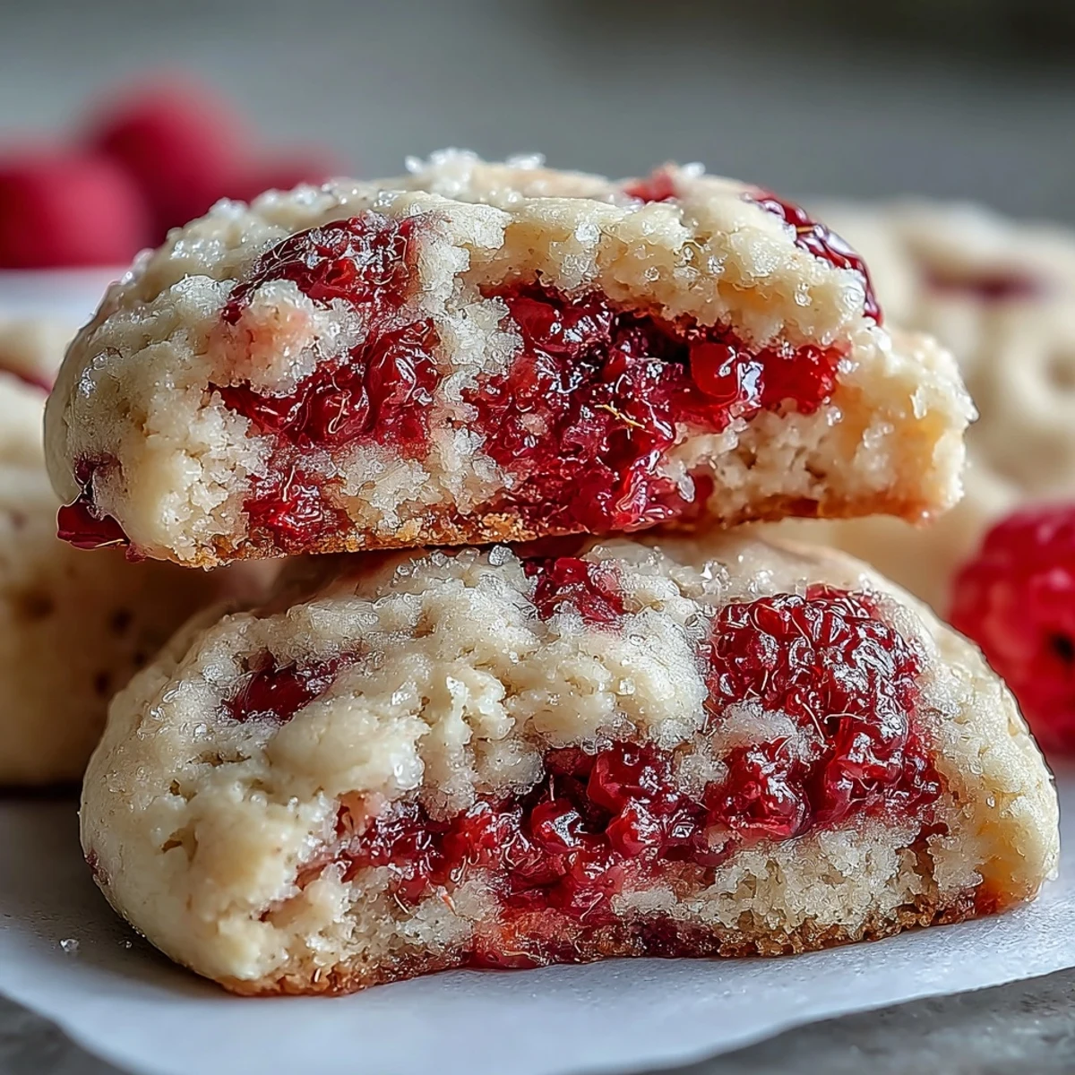 Warm Soft Chewy Raspberry Sugar Cookies served on a white plate with fresh raspberries.