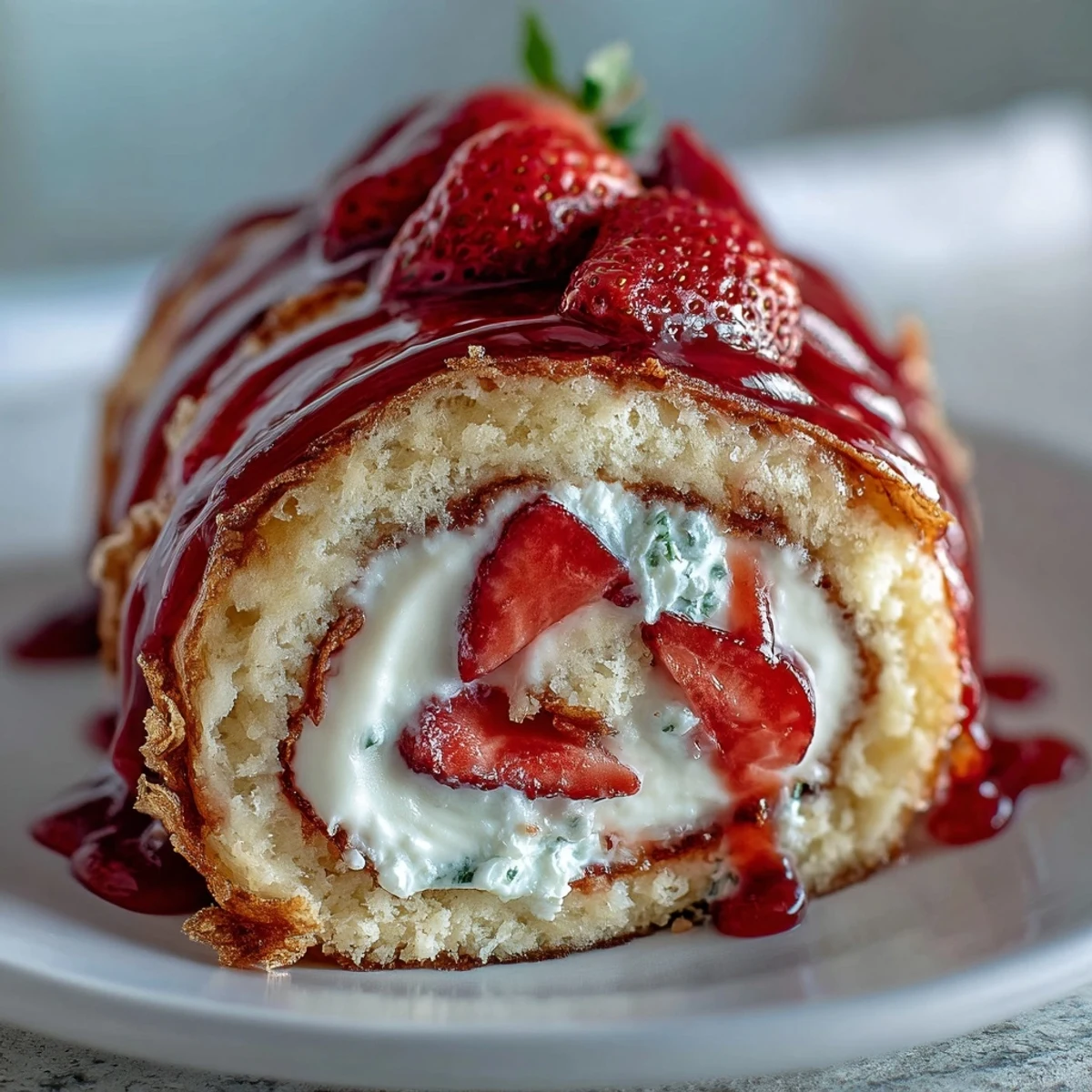 Perfectly sliced Strawberry Shortcake Sushi Roll pieces show creamy whipped filling and strawberry slices inside golden crepes.