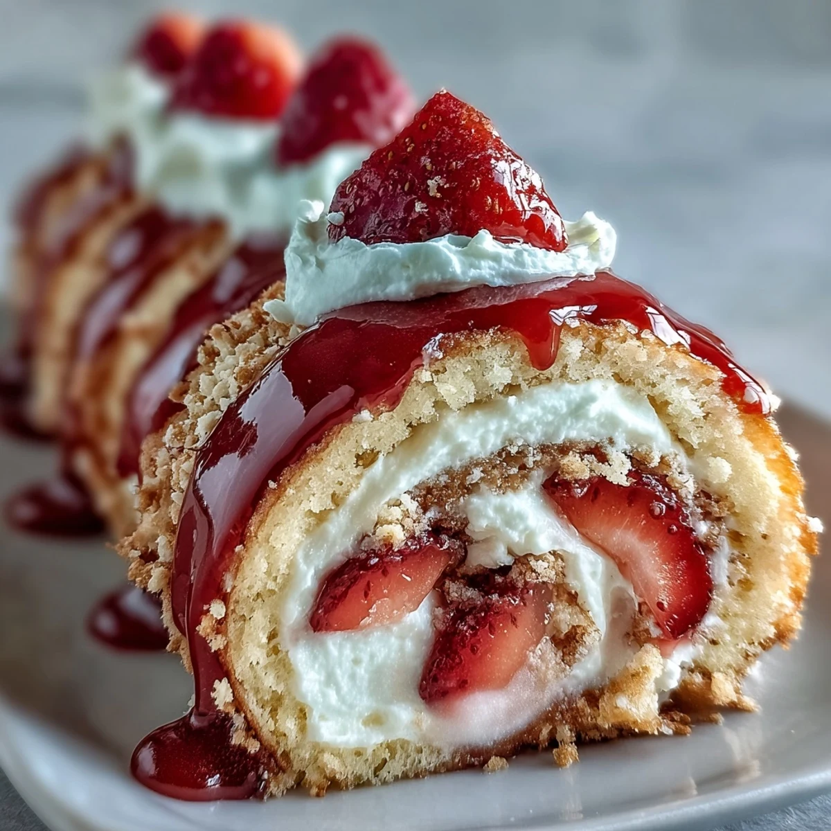 A fresh Strawberry Shortcake Sushi Roll is garnished with mint and drizzled with white chocolate on a rustic wooden board.