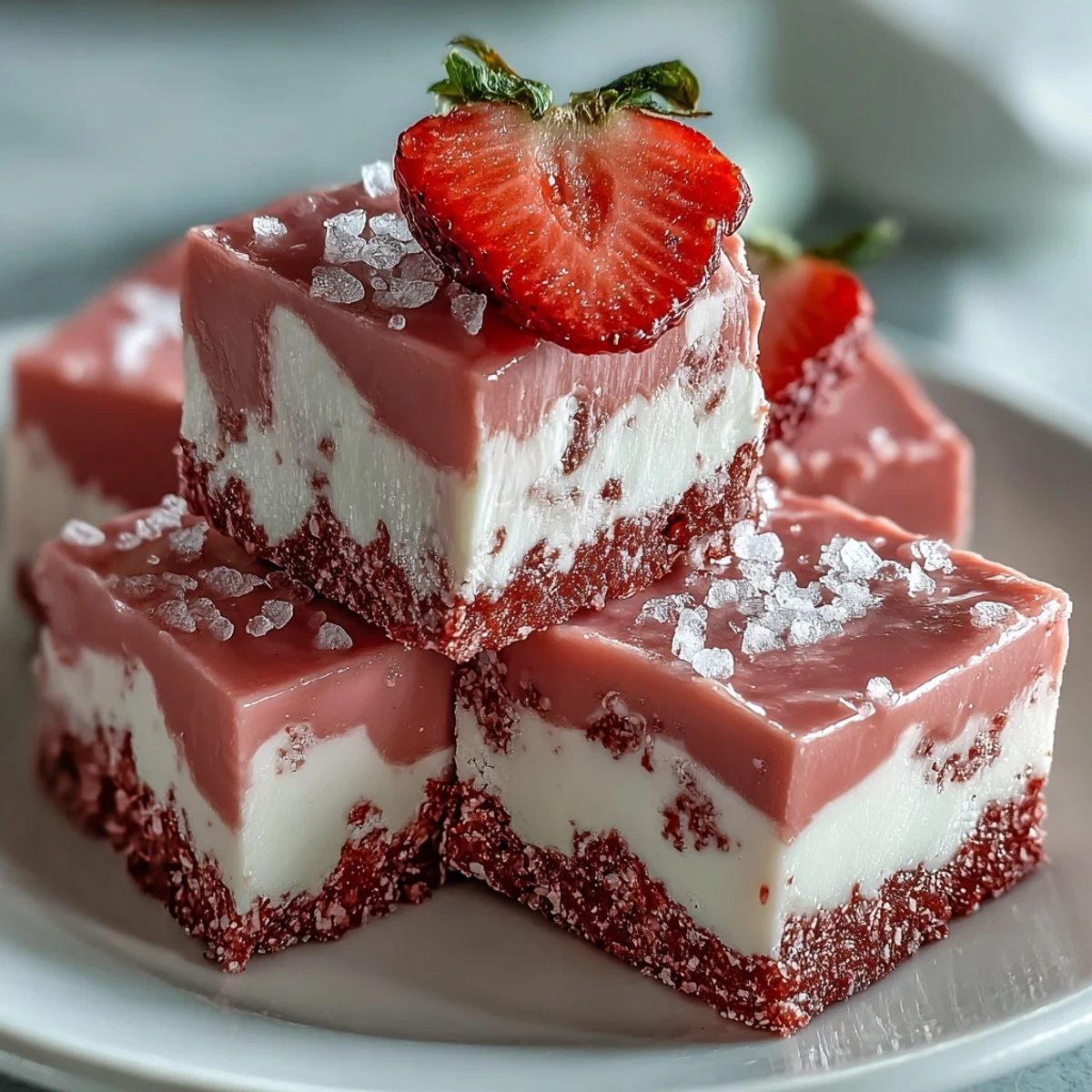 Vibrant pink No-Bake Strawberry Fudge Squares with fresh strawberry slices on a chilled, fudgy white chocolate layer.