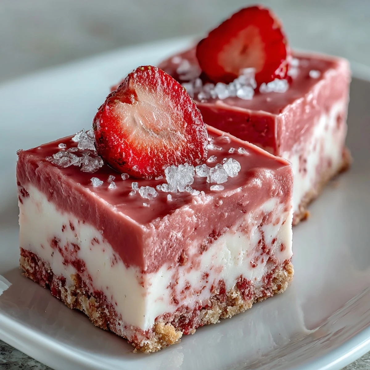 Served chilled, No-Bake Strawberry Fudge Squares display glossy pink squares garnished with extra freeze-dried strawberry pieces.
