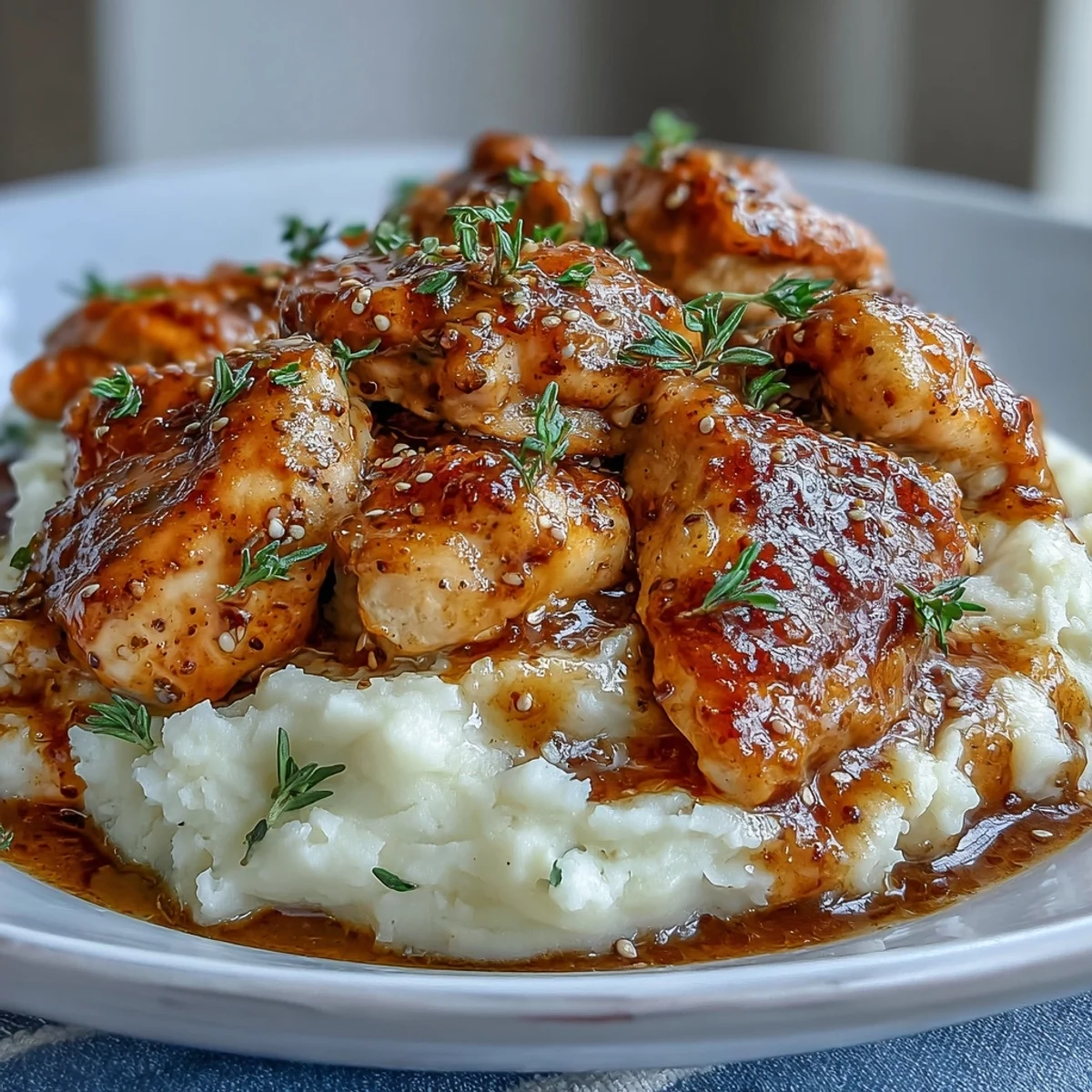 Easy gluten-free Slow Cooker Honey Mustard Chicken plated beside creamy mashed potatoes and roasted broccoli, generously drizzled with thickened, savory honey mustard pan sauce.