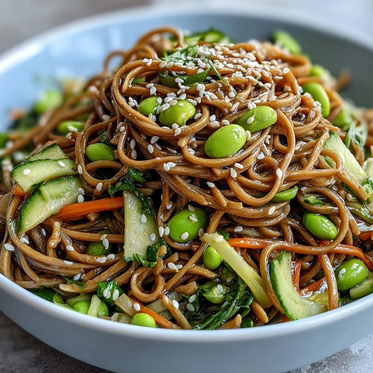 A fresh Soba Noodle Bowl with chewy buckwheat noodles and colorful vegetables, served for a light vegetarian lunch.