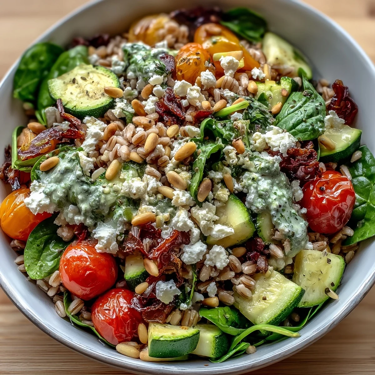 Warm Farro Pasta Bowl ready to eat, served with a fork and napkin on a rustic wooden table.