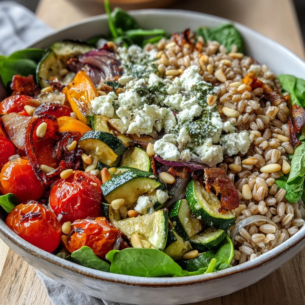 A hearty Mediterranean vegetarian dinner featuring sautéed zucchini, bell peppers, and cherry tomatoes tossed in a zesty lemon-olive oil dressing.