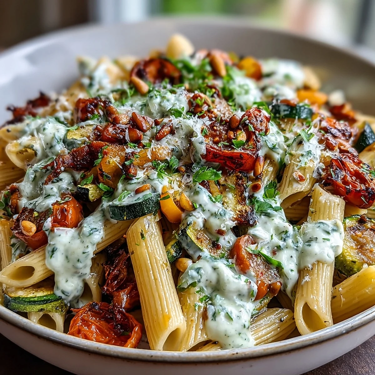 Whole wheat pasta bowl with roasted bell peppers and zucchini tossed in a creamy white bean sauce.