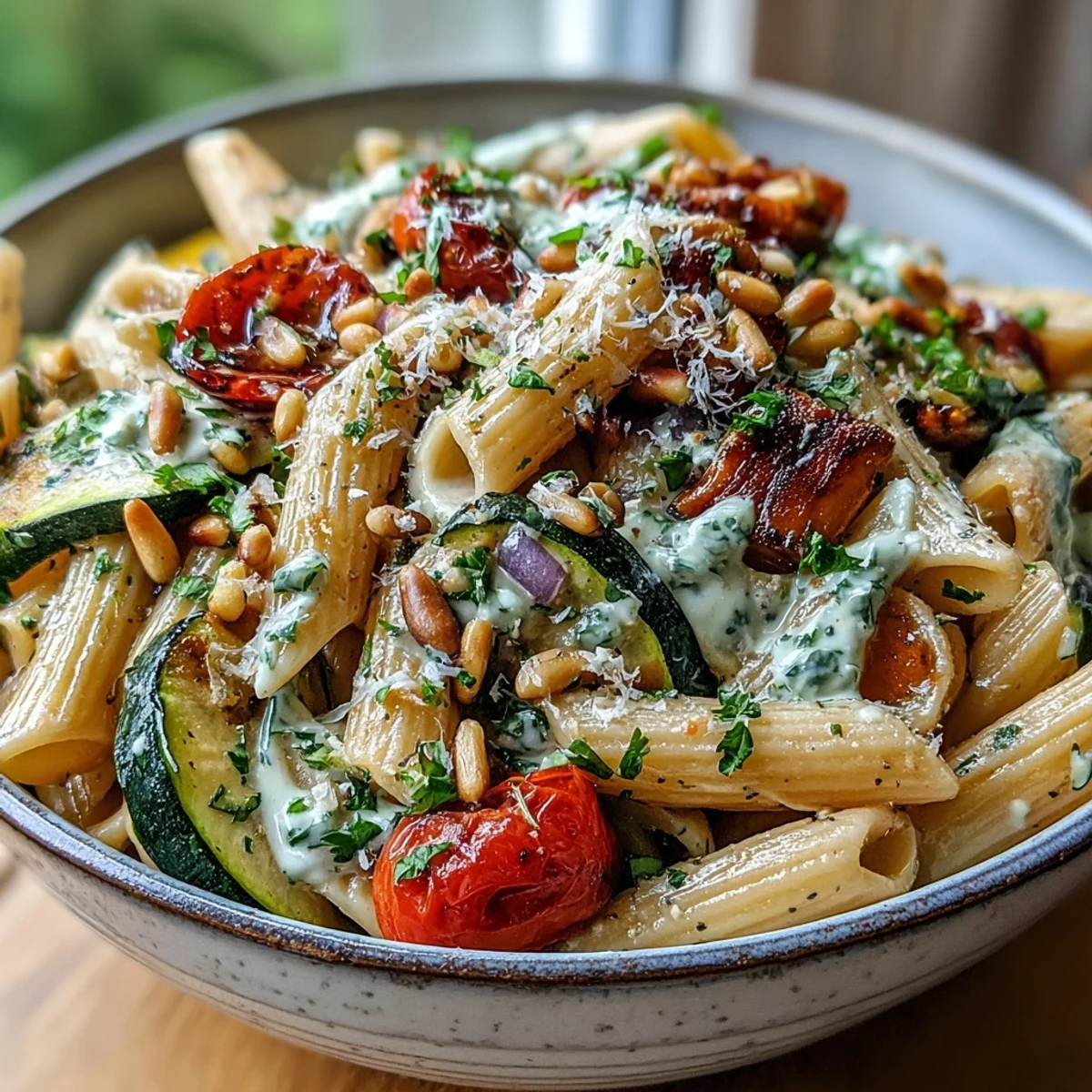 A hearty bowl of whole wheat pasta with roasted vegetables and creamy sauce, topped with Parmesan and pine nuts.