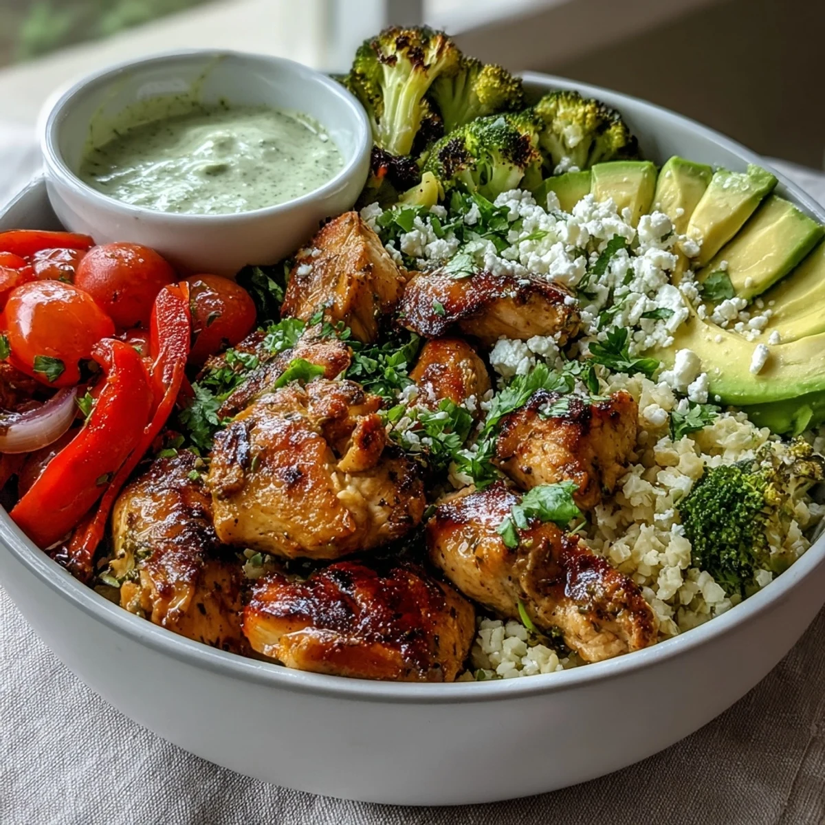 Healthy Cauliflower Rice Bowl topped with feta and herbs, ready to serve.
