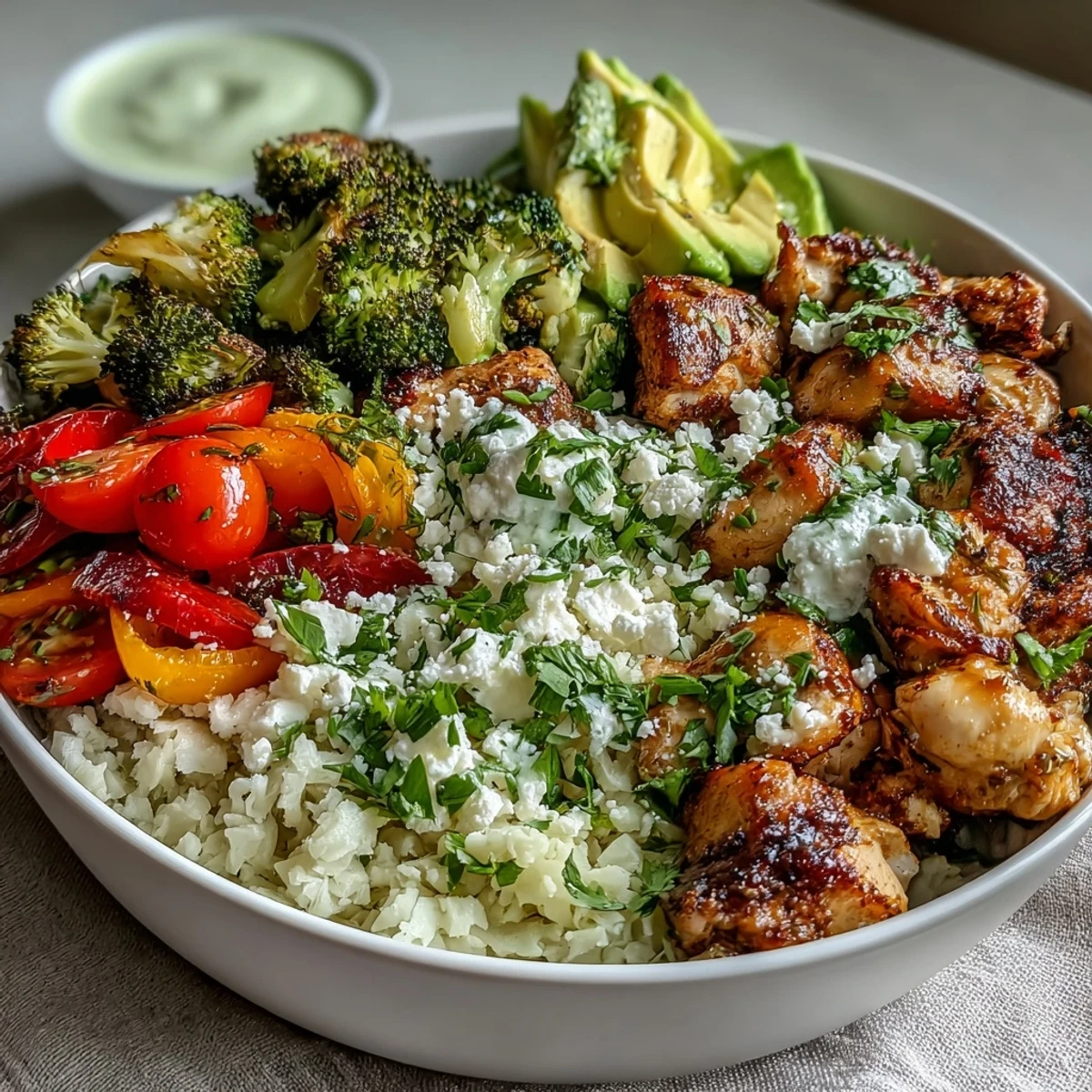 Sizzling chicken and sautéed cauliflower rice in a nutritious, gluten-free dinner bowl.