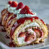 A fresh Strawberry Shortcake Sushi Roll is garnished with mint and drizzled with white chocolate on a rustic wooden board.