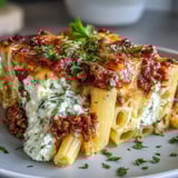 Hearty Cottage Cheese Protein Pasta Bake with Ground Beef in a white dish with fresh basil garnish, ready to serve.