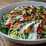Colorful spiralized vegetable bowl with spinach, cherry tomatoes, and toasted sesame seeds in a rustic kitchen setting.