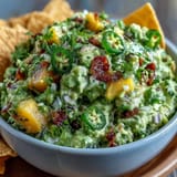 Vibrant guacamole with mango and jalapeño, perfect for Cinco de Mayo parties and festive snacking.  