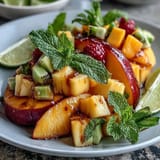 A colorful platter of sliced mango and pineapple, garnished with mint and lime for a tropical fruit display.