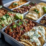 Cinco de Mayo taco bar spread with chicken, beef, and beans, surrounded by colorful toppings and fresh tortillas.  